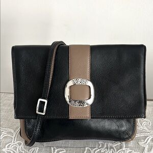 Brighton Two Tone Black/Tan Leather Flap Over Crossbody Bag